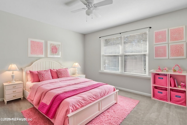 bedroom with ceiling fan and carpet floors