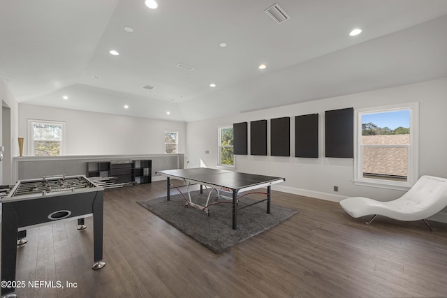 rec room with dark hardwood / wood-style flooring, a raised ceiling, and a healthy amount of sunlight