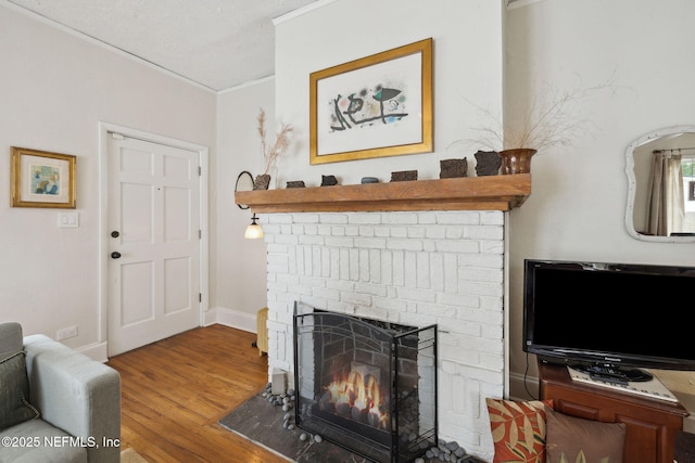 living room featuring wood-type flooring, crown molding, and a fireplace