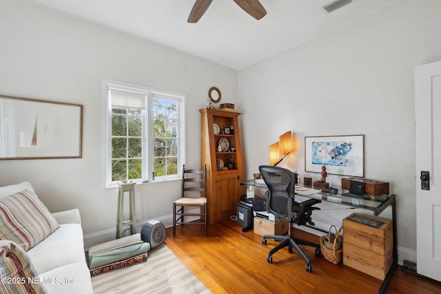 office area featuring hardwood / wood-style flooring and ceiling fan