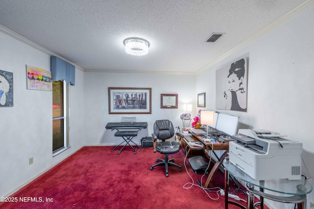 office area with ornamental molding, carpet, and a textured ceiling