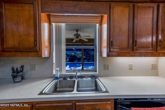 kitchen with ceiling fan, black dishwasher, and sink