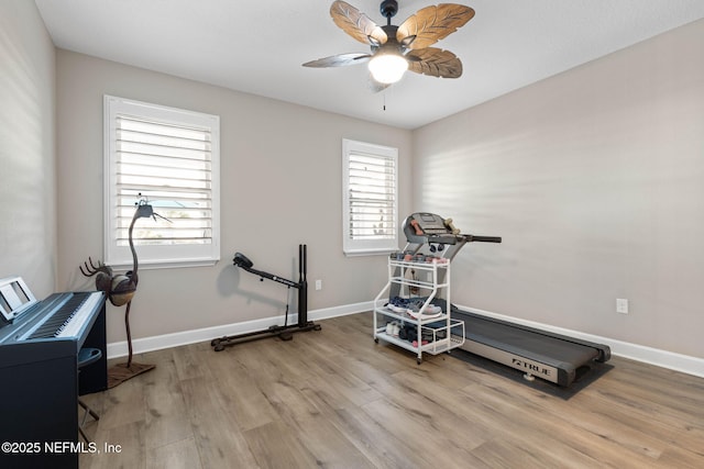 workout room with ceiling fan and light hardwood / wood-style floors