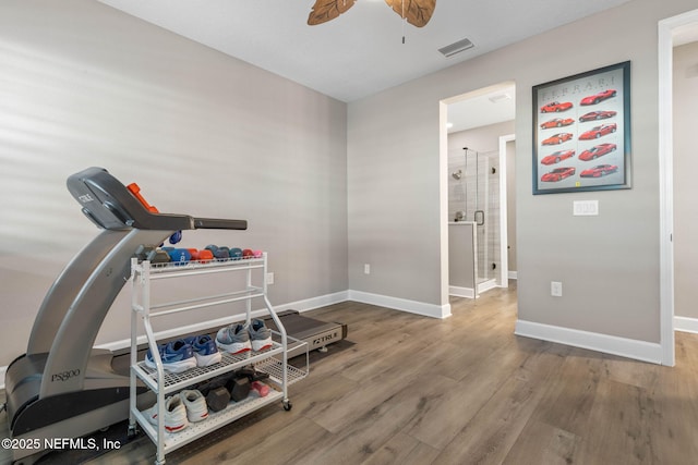 exercise room featuring wood-type flooring and ceiling fan