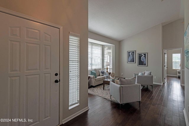 entrance foyer featuring dark wood-type flooring, plenty of natural light, and vaulted ceiling