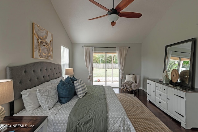 bedroom with lofted ceiling, dark wood-type flooring, access to outside, and ceiling fan