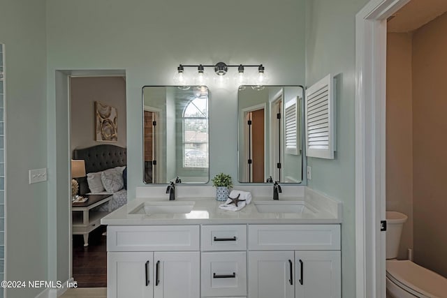 bathroom with vanity, toilet, and wood-type flooring