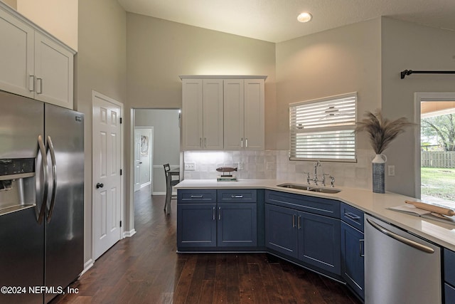 kitchen featuring sink, backsplash, stainless steel appliances, blue cabinets, and dark hardwood / wood-style flooring