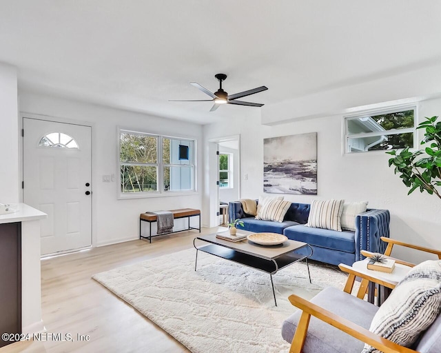 living room featuring ceiling fan, a healthy amount of sunlight, and light hardwood / wood-style floors