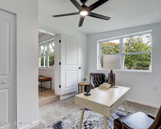 carpeted home office with ceiling fan