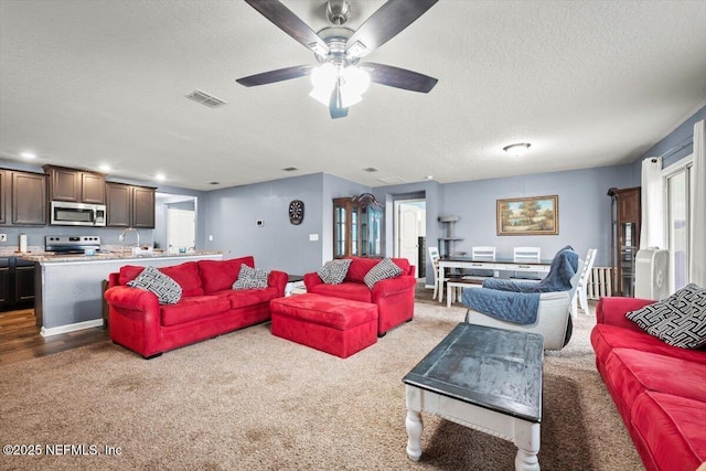 living room featuring carpet floors and a textured ceiling