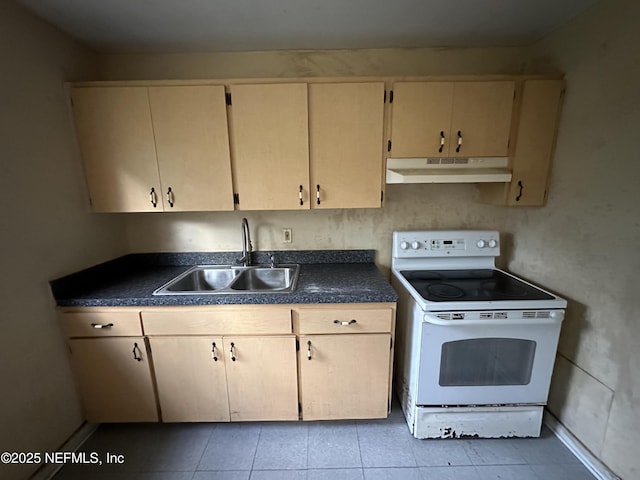 kitchen featuring electric stove, sink, and light tile patterned floors