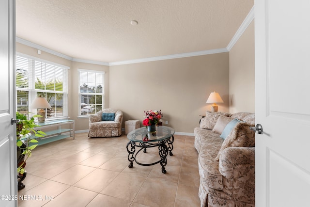 living room featuring light tile patterned floors, crown molding, and a textured ceiling