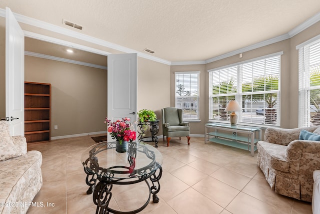 living room featuring crown molding, a textured ceiling, and light tile patterned flooring