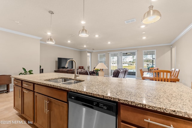 kitchen with dishwasher, light stone countertops, sink, and ornamental molding