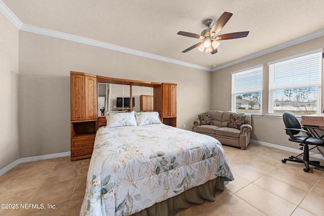 bedroom featuring light tile patterned floors, crown molding, and ceiling fan