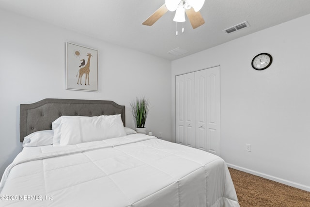 bedroom featuring ceiling fan, carpet, and a closet