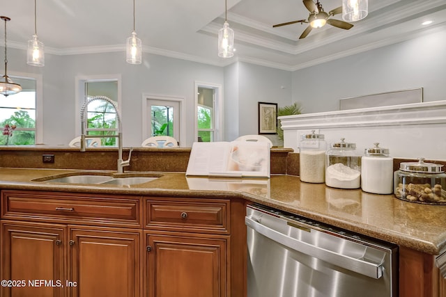 kitchen featuring stone counters, crown molding, pendant lighting, and stainless steel dishwasher