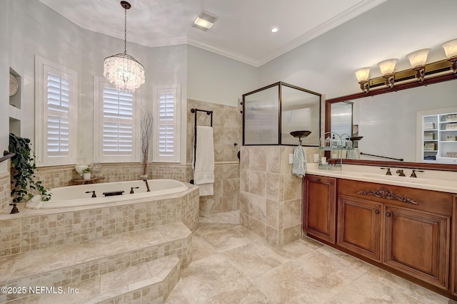 bathroom with ornamental molding, shower with separate bathtub, vanity, and a chandelier