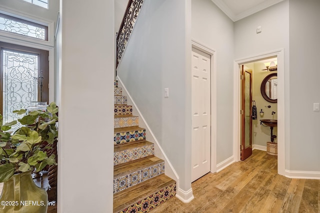 foyer entrance featuring light hardwood / wood-style flooring and ornamental molding