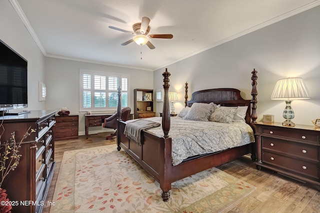 bedroom featuring ornamental molding, ceiling fan, and light hardwood / wood-style floors