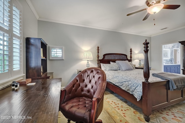 bedroom featuring ceiling fan and ornamental molding