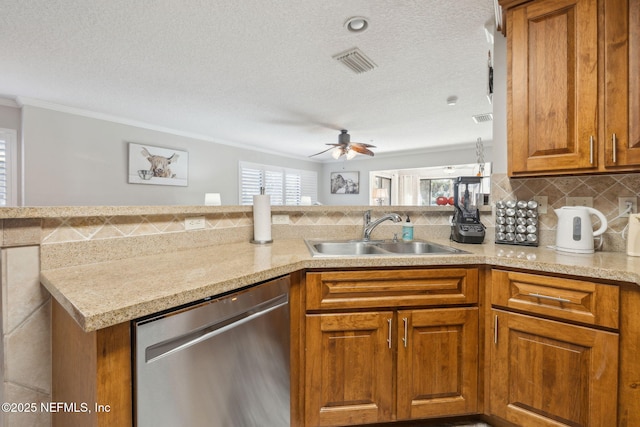 kitchen featuring sink, ornamental molding, stainless steel dishwasher, and kitchen peninsula