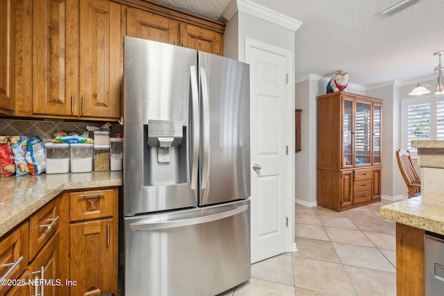 kitchen with stainless steel fridge with ice dispenser, a textured ceiling, light tile patterned floors, ornamental molding, and backsplash