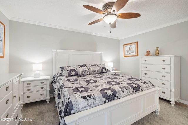 carpeted bedroom with crown molding, ceiling fan, and a textured ceiling