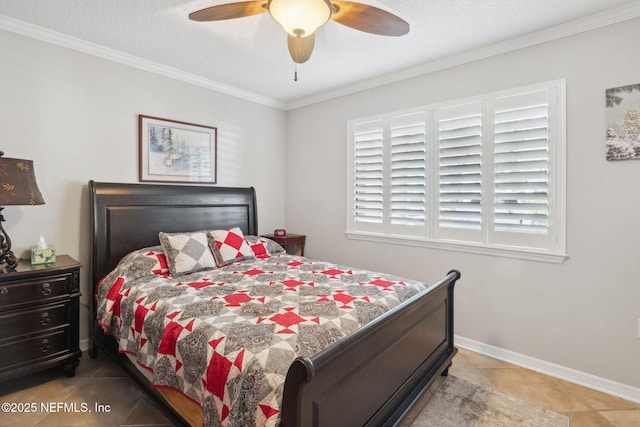 tiled bedroom featuring ornamental molding, a textured ceiling, and ceiling fan