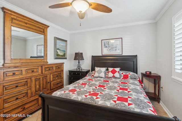 bedroom with crown molding, ceiling fan, light tile patterned flooring, and a textured ceiling