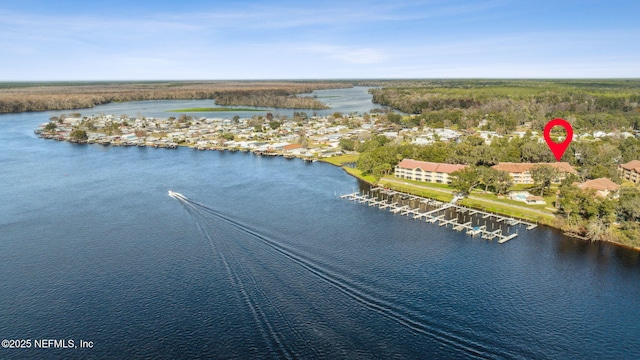 bird's eye view with a water view