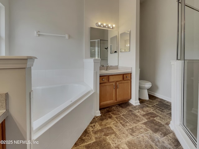 full bathroom with vanity, plus walk in shower, and toilet