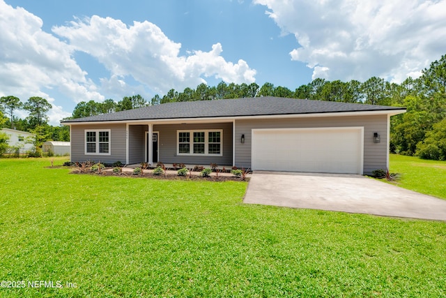 single story home with a garage and a front lawn