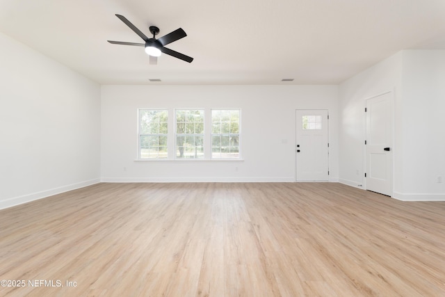 unfurnished living room with ceiling fan and light hardwood / wood-style flooring