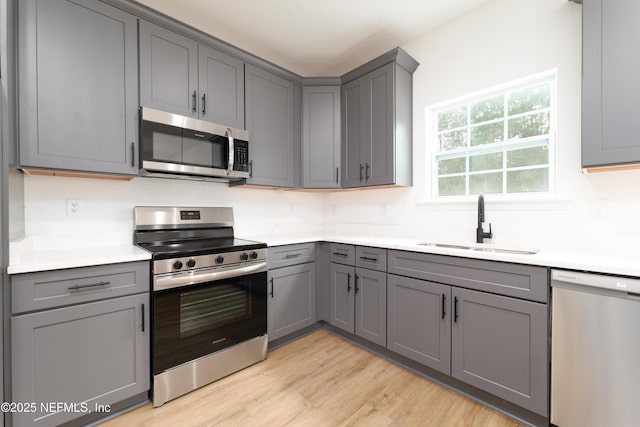 kitchen featuring appliances with stainless steel finishes, sink, light hardwood / wood-style flooring, and gray cabinetry