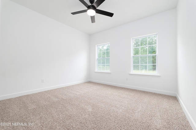 carpeted spare room with ceiling fan