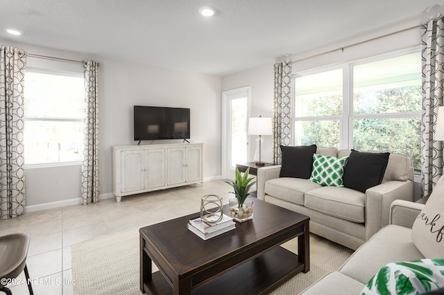 living room featuring light tile patterned floors