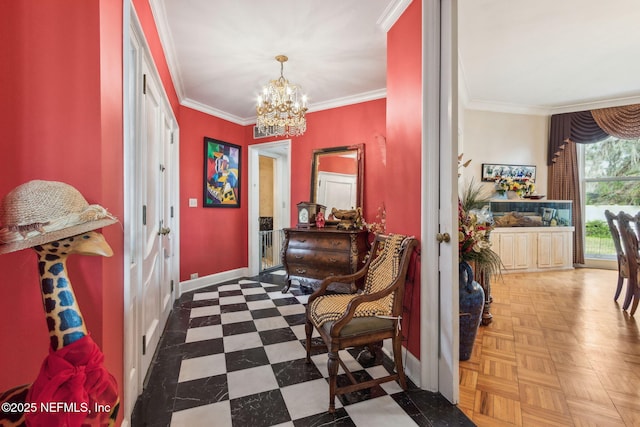 foyer entrance with an inviting chandelier, dark parquet flooring, and ornamental molding