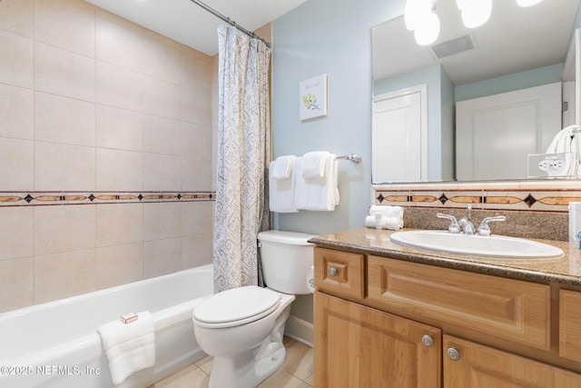 full bathroom with vanity, shower / bath combo, tile patterned floors, and toilet