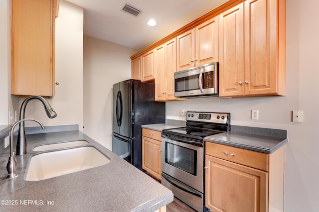 kitchen featuring stainless steel appliances, sink, and light brown cabinetry