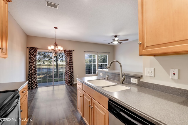 kitchen with sink, light brown cabinets, dark hardwood / wood-style flooring, stainless steel appliances, and ceiling fan with notable chandelier