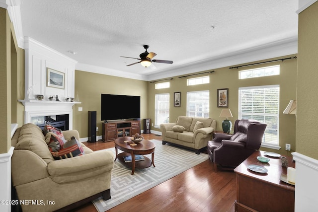 living room featuring hardwood / wood-style floors, crown molding, a fireplace, and a textured ceiling