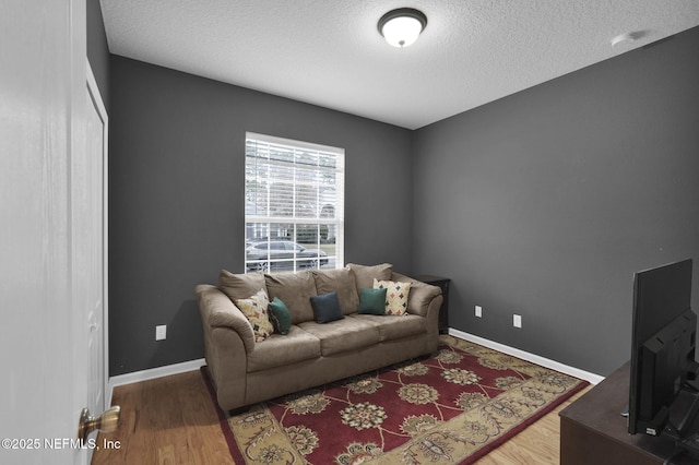 living room with hardwood / wood-style floors and a textured ceiling