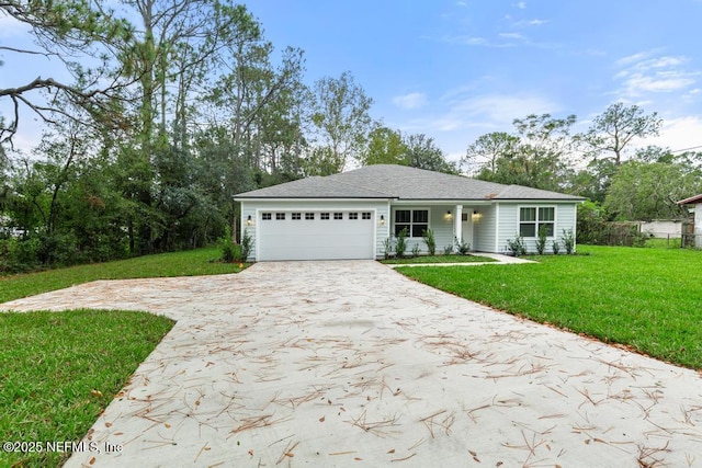 ranch-style home with a garage and a front lawn