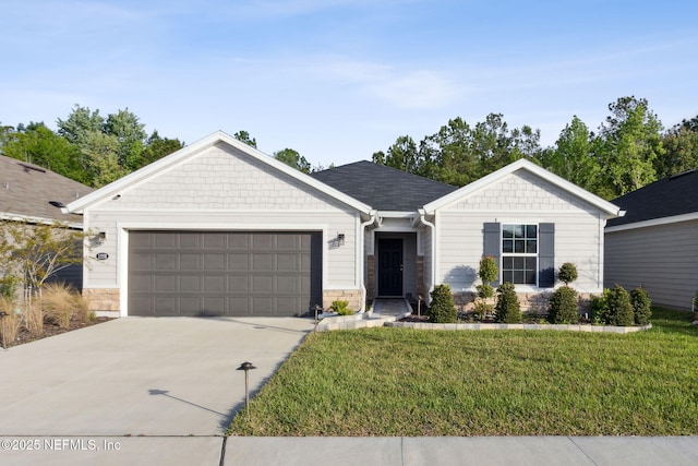 ranch-style home with a garage and a front lawn