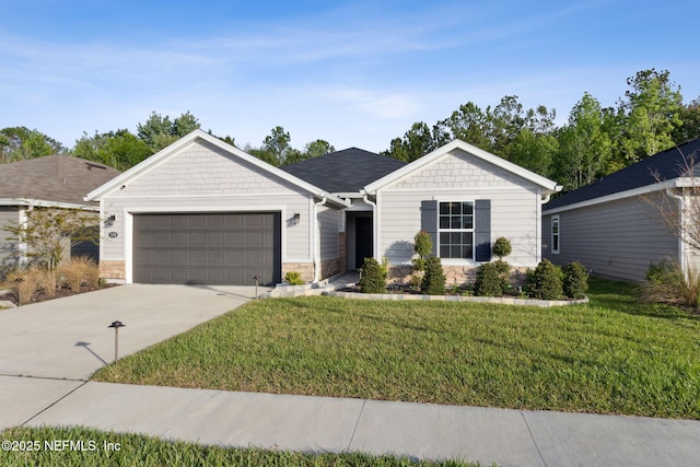 ranch-style house with a garage and a front yard