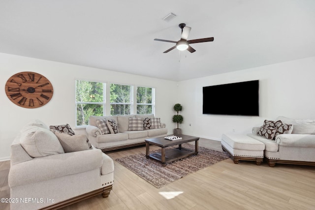 living room featuring ceiling fan and light wood-type flooring