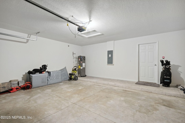 garage featuring a garage door opener, electric water heater, and electric panel