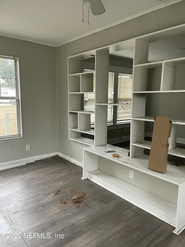 unfurnished living room with dark wood-type flooring, ceiling fan, and crown molding